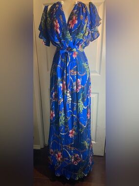 2X  L'ATISTE Royal Blue Floral Pleated Maxi Skirt with Pearl Tie